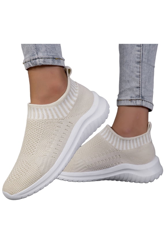 Running Shoes for Women Men Solid Color Knit Mesh Slip on Sock Sneakers Comfy Soft Sole Lightweight Casual Walking Shoes Beige Size 10