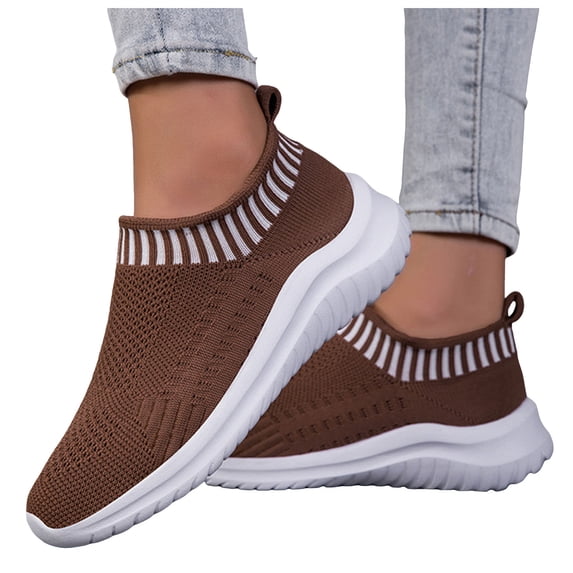 Running Shoes for Women Men Solid Color Knit Mesh Slip on Sock Sneakers Comfy Soft Sole Lightweight Casual Walking Shoes Coffee Size 10