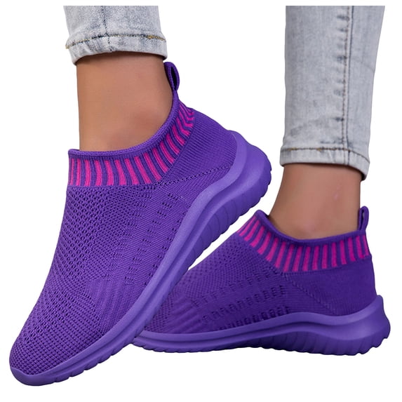 Running Shoes for Women Men Solid Color Knit Mesh Slip on Sock Sneakers Comfy Soft Sole Lightweight Casual Walking Shoes Purple Size 10.5