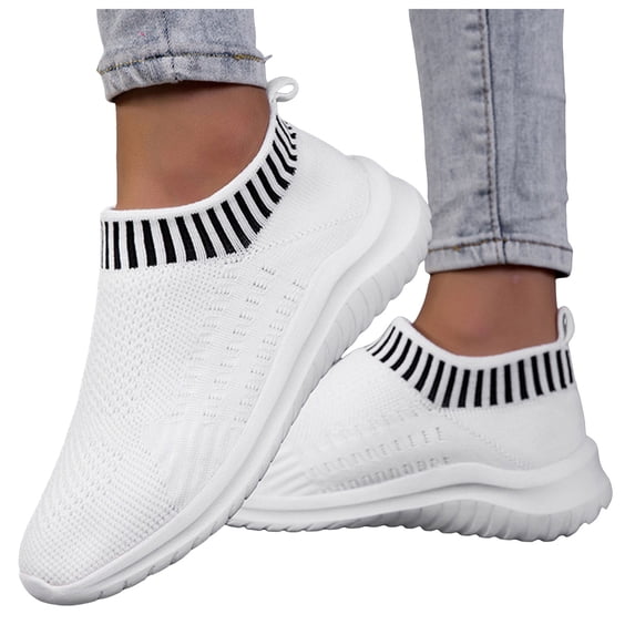 Running Shoes for Women Men Solid Color Knit Mesh Slip on Sock Sneakers Comfy Soft Sole Lightweight Casual Walking Shoes White Size 8.5