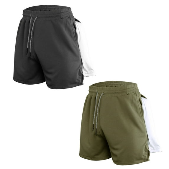 Running Shorts Quick Dry Athletic Shorts with Liner, Workout Shorts with Zip Pockets and Towel Loop - Dark grey+green