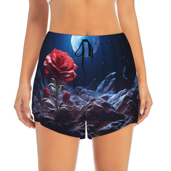 Running Shorts for Women, Artistic Moon Rose Workout Athletic Shorts with Pockets, Lounge Yoga Shorts Women