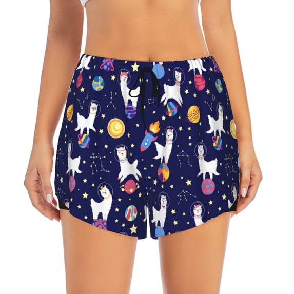 Running Shorts for Women, Cute Alpaca Starry Sky Planet Workout Athletic Shorts with Pockets, Lounge Yoga Shorts Women