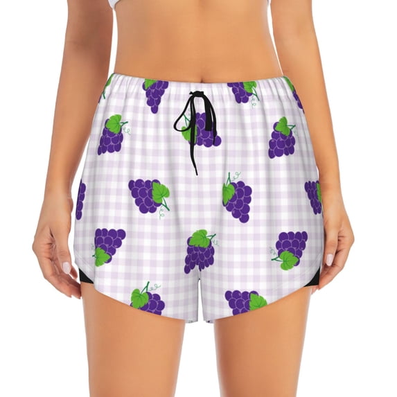 Running Shorts for Women, Cute Grape Plaid Workout Athletic Shorts with Pockets, Lounge Yoga Shorts Women