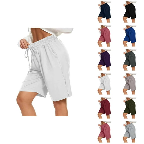 Running Shorts for Women Elastic Waist Pockets Breathable Knee Length Yoga Gym Active Sports Workout Athletic Shorts