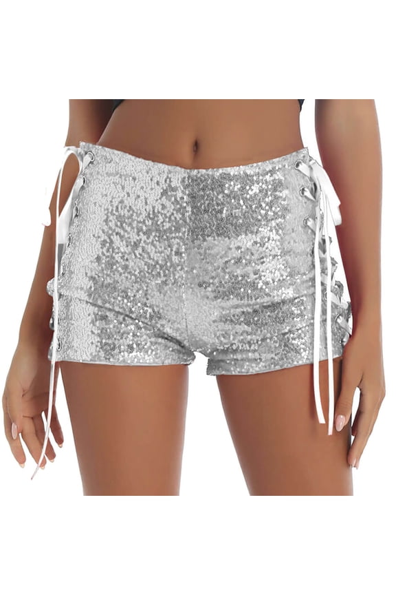Running Shorts for Women Fashion High Waist Lace Hollow Sequin Womens Clothing,Silver,S