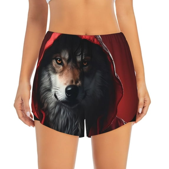 Running Shorts for Women, Mysterious Hooded Wolf Workout Athletic Shorts with Pockets, Lounge Yoga Shorts Women