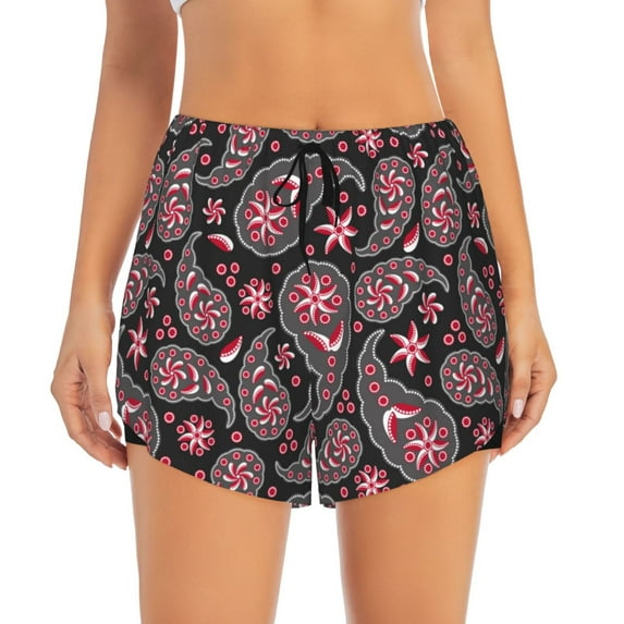 Running Shorts for Women, Paisley Red Black Workout Athletic Shorts with Pockets, Lounge Yoga Shorts Women
