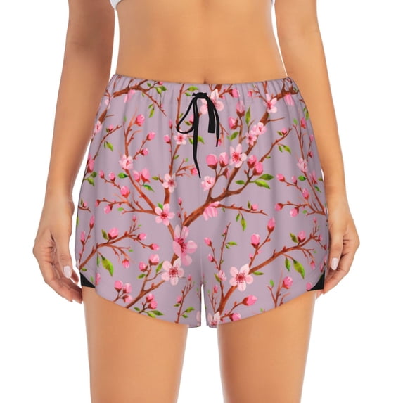Running Shorts for Women, pink berry blossom flowers Floral Workout Athletic Shorts with Pockets, Lounge Yoga Shorts Women