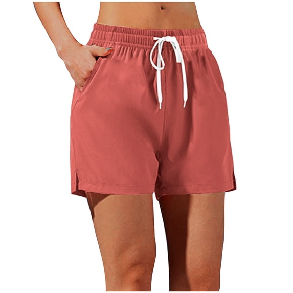 Running Shorts with Zipper Pockets for Women Drawstring Elastic Waist Athletic Workout Yoga Shorts Red XL