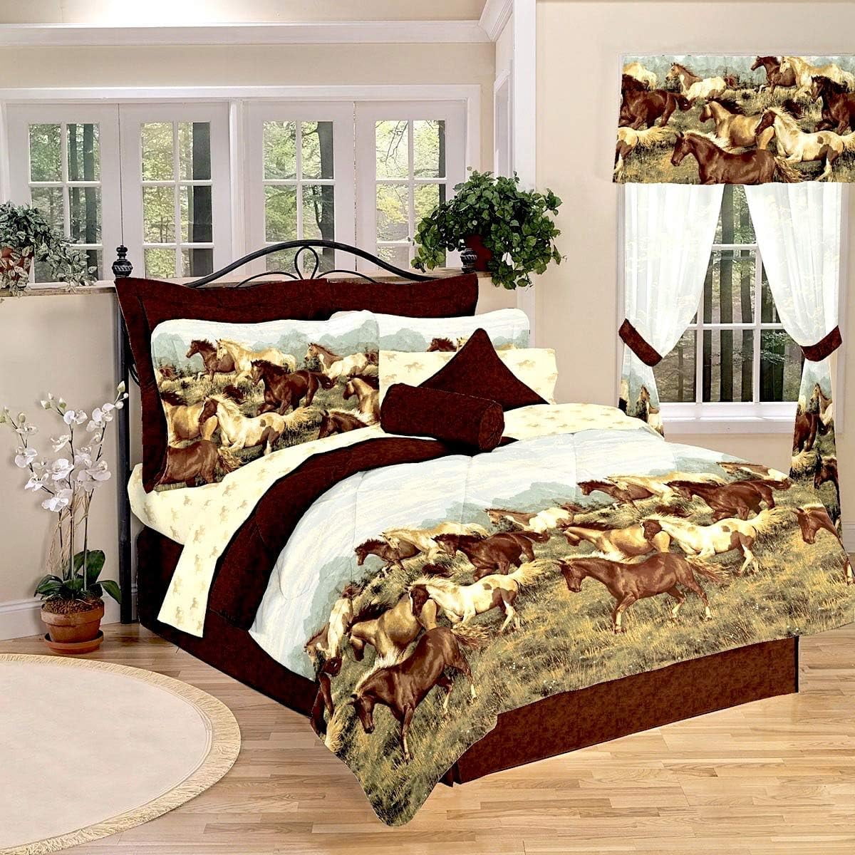 Running Show Horses & Ponies Brown Comforter Set W/Sheets ( Size(Bed In