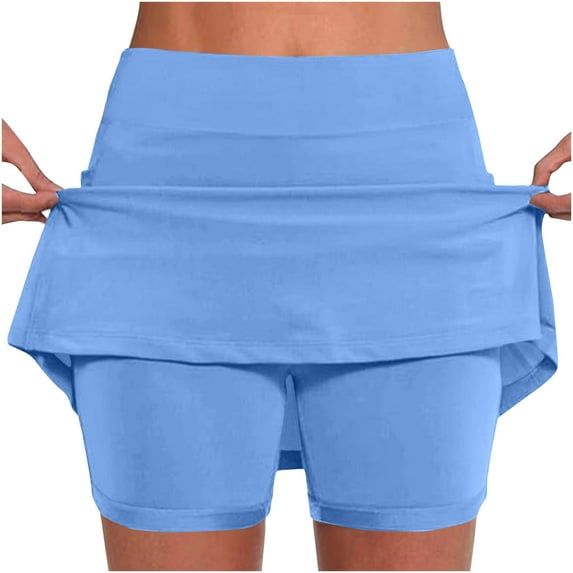 Running Skirts with Built-In Shorts Ladies High Waist Tennis Skirt Built in Shorts, Athletic Stretchy Yoga Shorts, Solid Color Cute 2 in 1 Mini Skorts A-a-Light Blue Light Blue XXL