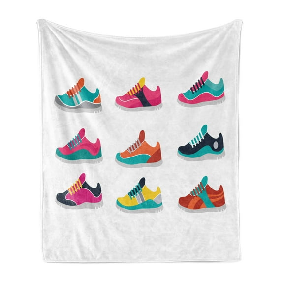 Running Soft Flannel Fleece Blanket, Arrangement of Gym Shoes Sneakers Trainers Set Footwear Colorful Pattern Shoelaces, Cozy Plush for Indoor and Outdoor Use, 60" x 80", Multicolor, by Ambesonne