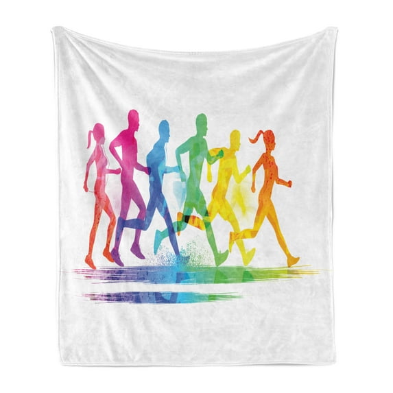 Running Soft Flannel Fleece Throw Blanket, Group of Men and Women Athletes Trying to Stay Fit Exercising Workout Colorful, Cozy Plush for Indoor and Outdoor Use, 50" x 70", Multicolor, by Ambesonne