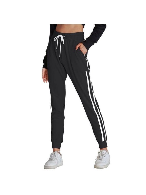 Running Sweatpants for Women Drawstring High Waist Side Stripes Workout Cotton Athletic Lounge with Pockets