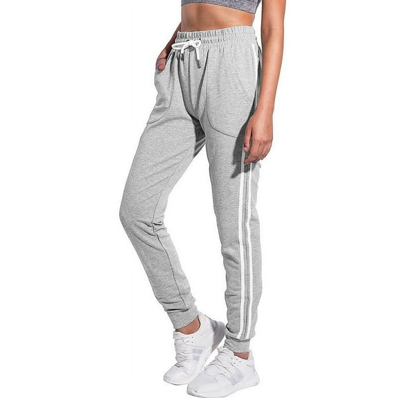 Running Sweatpants for Women Drawstring High Waist Side Stripes Workout Cotton Athletic Lounge with Pockets Light Grey