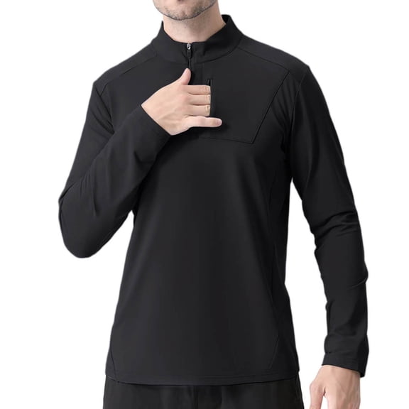 Running T Shirts for Men with Zipper Pocket and Mock Neck Long Sleeve Tops Solid Stretchy Slim Pullover Breathable Athletic Fishing Tshirts Shirt