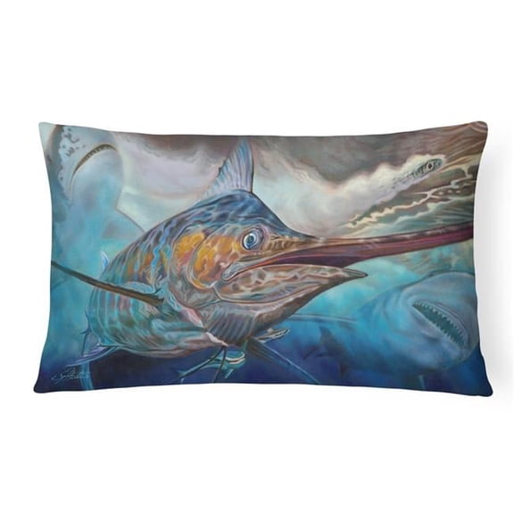 Running The Guantlet Blue Marlin Canvas Fabric Decorative Pillow