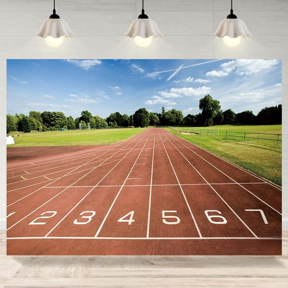 Running Track Backdrop Red Runway Green Lawn Photography Background Athletics Match Starting Line School Track and Field Athletics Decorations Banner Photo Booth Props