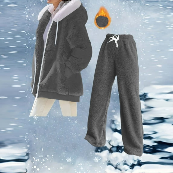 Running Tracksuit Set Woman Winter Warm Fuzzy Outfits Long Sleeve Zip Outerwear Coats Fleece Drawstring Wide Leg Pants Thick Warm Loungewear Sets Dark Gray L