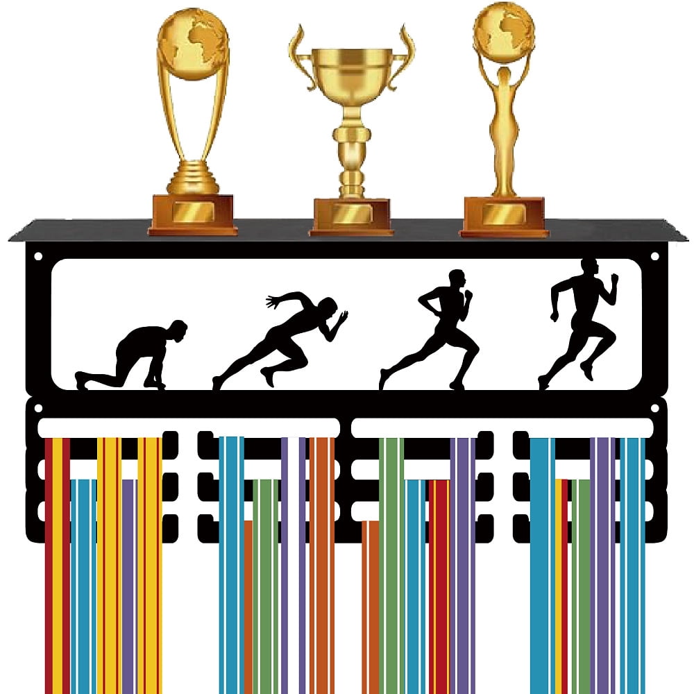 Running Trophy Holder Runner Medal Hanger Display with Shelf Metal Iron Sports Wall Mount Hold 60+ Medals Awards Ribbons Organizer Rack with 12 Hooks