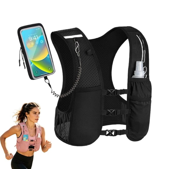 Running Vest for Women Men, Adjustable Chest Straps Running Hydration Vest with 500ml Soft Flask, Lightweight Reflective Hydration Backpack, Touchscreen Phone case with Safety Chain for Marathon