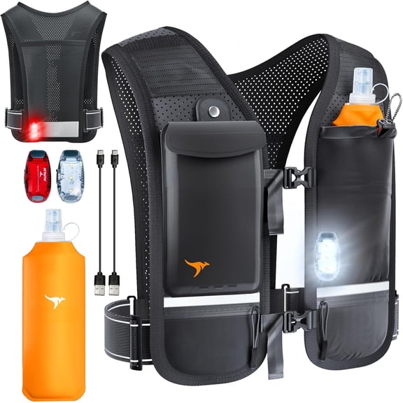Running Vest for Women Men - Reflective Running Hydration Vest with 500ml Soft Water Bottle, Phone Holder, 2 LED Lights USB Rechargeable - 7 Pockets Runners Backpack Trail Jogging Marathon