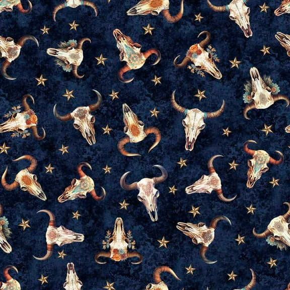 Running Wild - Cow Skulls - Navy (1yard)