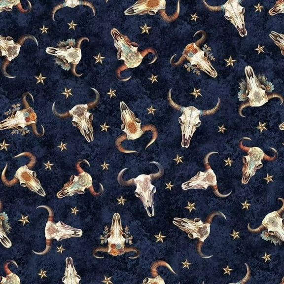 Running Wild Cow Skulls Navy Cotton Fabric