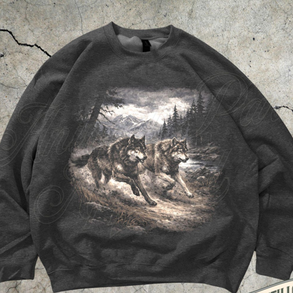 Running Wolves Vintage Sweatshirt Retro Animals Crewneck Cute Outdoor Nature