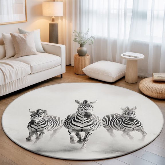 Running Zebra 3.3' Round Rug for Bedroom Reading Corner, Modern Energetic Animal Watercolor Washable Non Slip Circle Area Rug