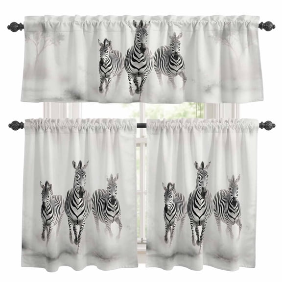 Running Zebra Kitchen Curtains Set for Windows, Modern Energetic Animal Watercolor Curtains Valance and Tier 3 Piece Set Small Drapes 24 Inch Length for Kitchen Bedroom Decor