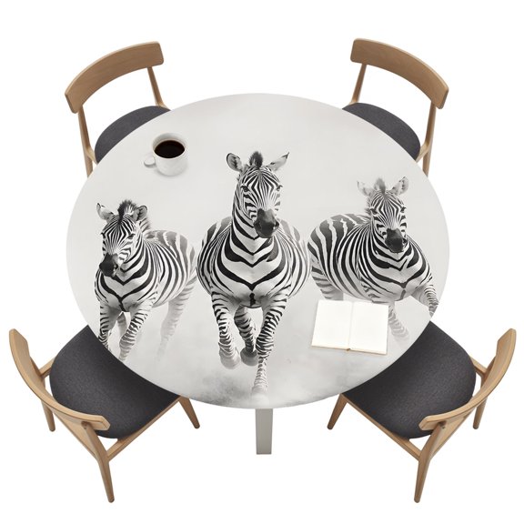 Running Zebra Round Fitted Table Cover Modern Energetic Animal Watercolor Waterproof Table Cloth with Elastic Edge Wipeable Tablecloth for Picnic Camping Party Fits 36"-44" Tables
