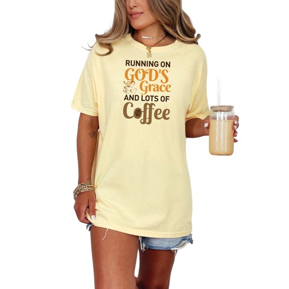 Running on God's Grace and Coffee Lovers, Butter Comfort Colors T-Shirt, Medium
