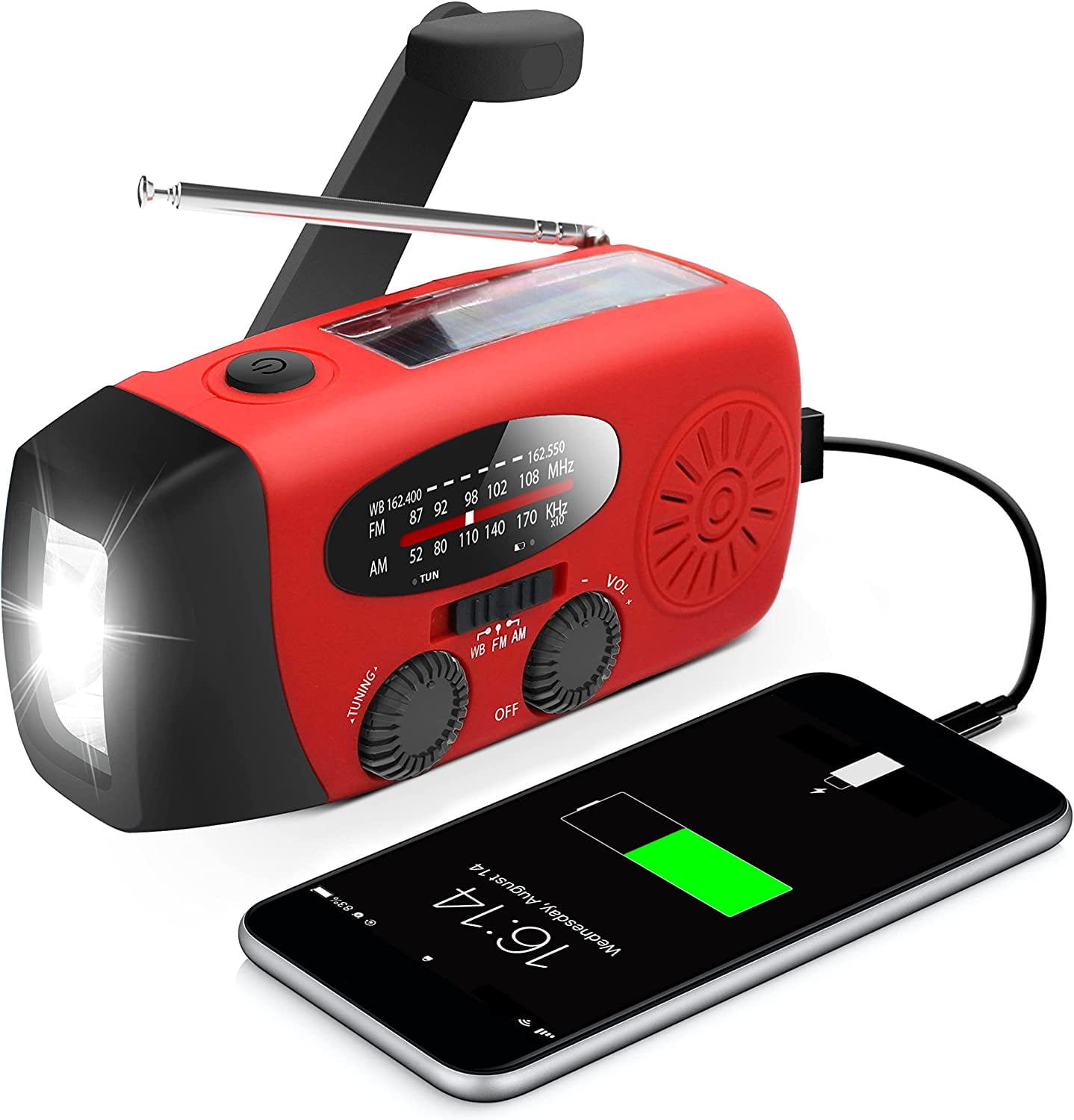 Emergency Hand Crank Radio With LED Flashlight For Emergency AM/FM NOAA Portable Weather 2000mAh Power Bank Phone Charger USB Charged & Solar Camping
