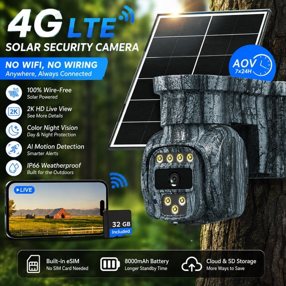 Runofast 4G LTE Solar Cellular Security Camera Wireless Outdoor, No WiFi Needed, AOV Recording, 2K PTZ Live View, Built-in eSIM, Motion Detection, Includes 32GB SD Card for Off-Grid Home , US Version