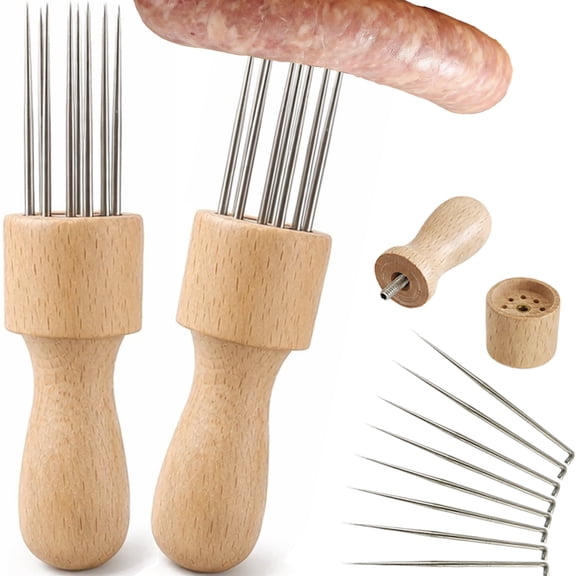 Runspich Sausage Pricker Tool with Wooden Handle, 8 Stainless Steel Needles, Detachable Design for Sausage Making (2 Pack)