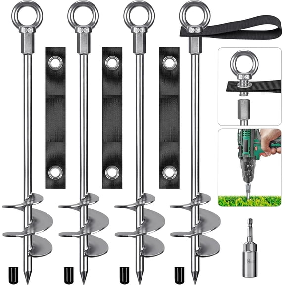 Runstore Fully Welded Ground Trampoline Anchors - 18'' Steel Spiral Mobile Home Earth Anchors with Straps, 4 pack