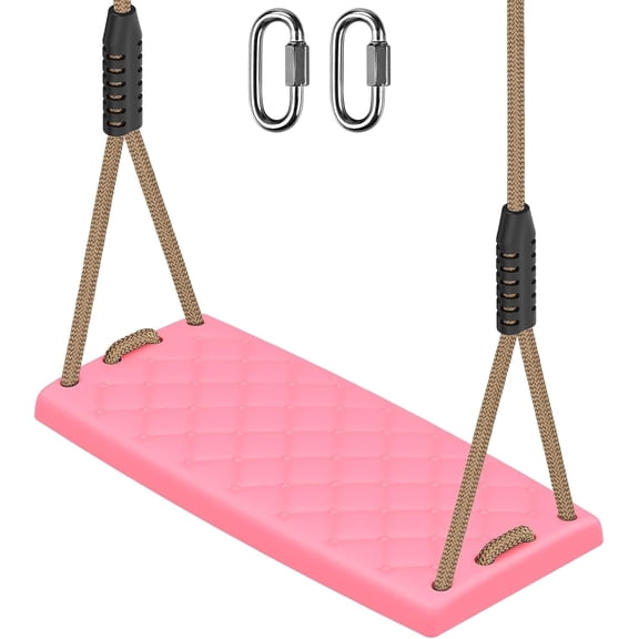 Runstore Plastic Swing Seat with Adjustable Rope, 300lbs Capacity Heavy Duty Non-Slip Swing Replacement with Snap Hooks for Indoor Outdoor (Pink)