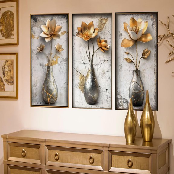 Runtoo 3D Flower Wall Art Stickers Gold Floral Vase Wall Decals Peel and Stick Living Room Bedroom Office Home Decor