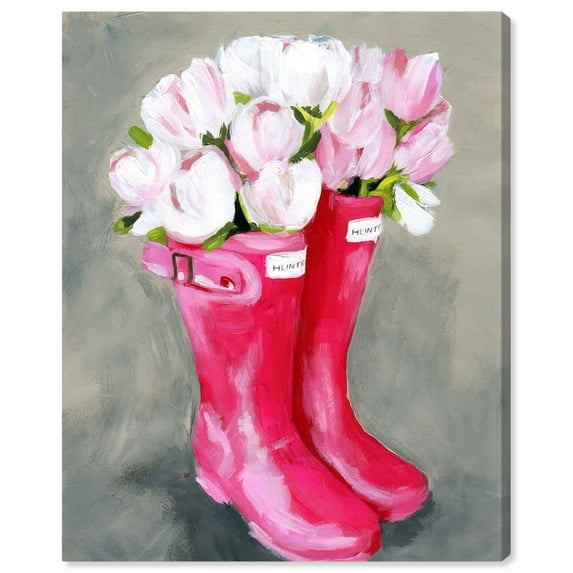 Runway Avenue Floral and Botanical Wall Art Canvas Prints 'Tulips & Rainboots' Home Décor, 24" x 28", Pink, Pink