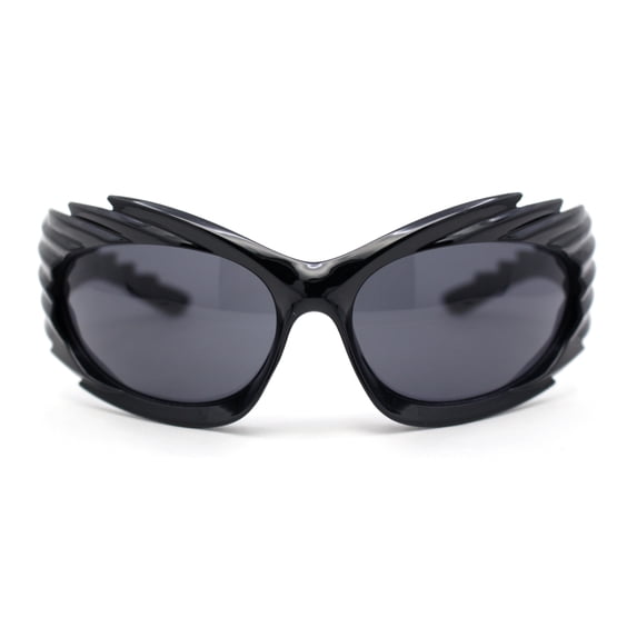 Runway Thorny Beveled Wrap Around Plastic Sport Sunglasses All Black