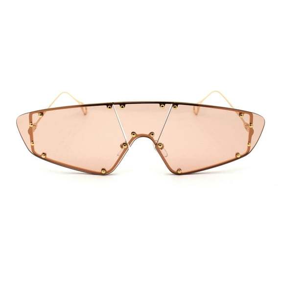 Runway Unique Metal Stud Shield Rimless Robotic Sunglasses Gold Light Brown