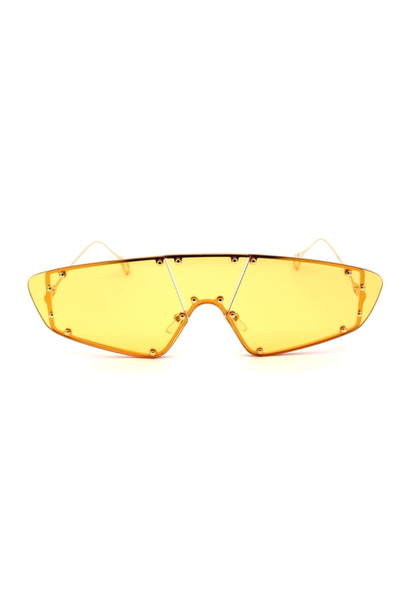 Runway Unique Metal Stud Shield Rimless Robotic Sunglasses Gold Yellow
