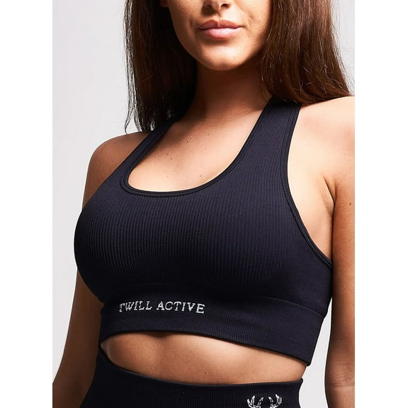 RunwayX Women's Linea Recycled Rib Racer Sports Bra - Black - Sizes S-L