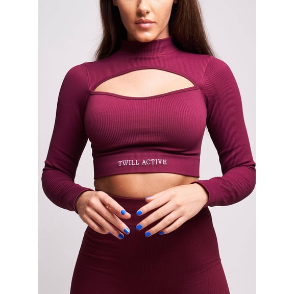 RunwayX Women's Viyella Recycled Rib High Neck Long Sleeve Crop Top - Burgundy - Sizes S-L