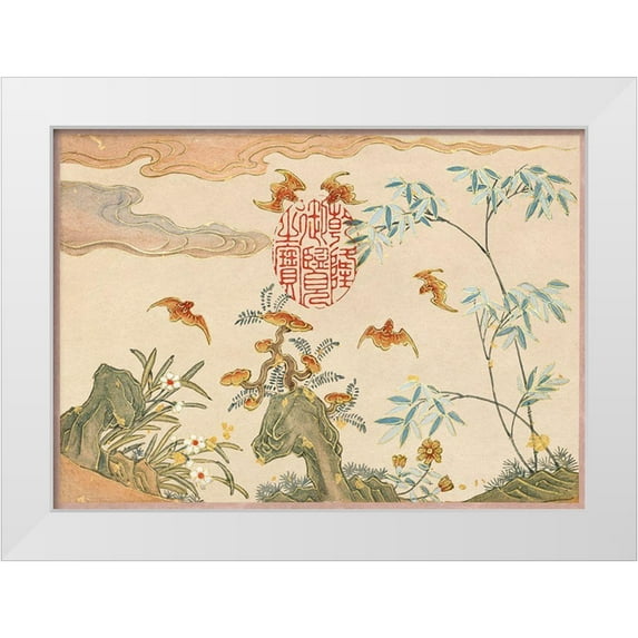 Ruoai, Zhang 24x18 White Modern Wood Framed Museum Art Print Titled - Bats-rocks-flowers oval calligraphy