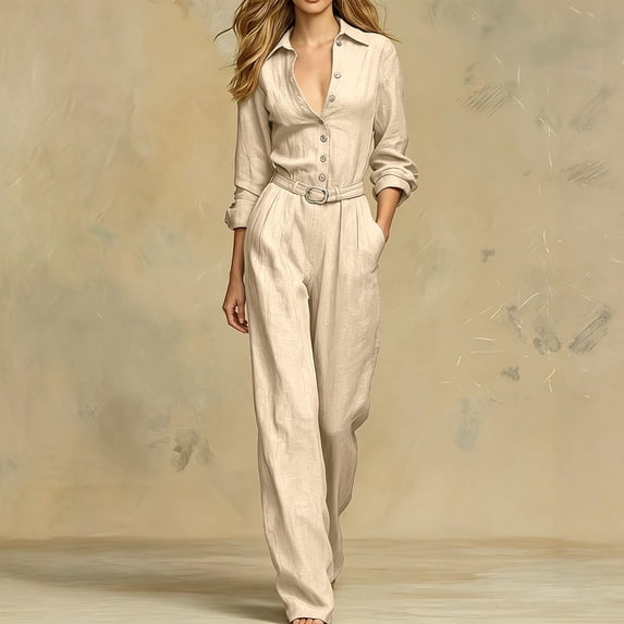 Ruohan Women's Casual Button Down Wide Leg Jumpsuit with Belt