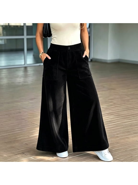 Women's Corduroy Extra Wide-Leg Pants Decorative Solid Color Loose Trousers Casual Daily Wear