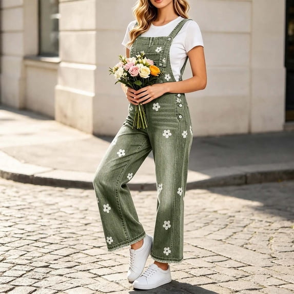 Ruohan Women's Floral Denim Overalls Adjustable Straps Wide Leg Fringe Hem Jumpsuit